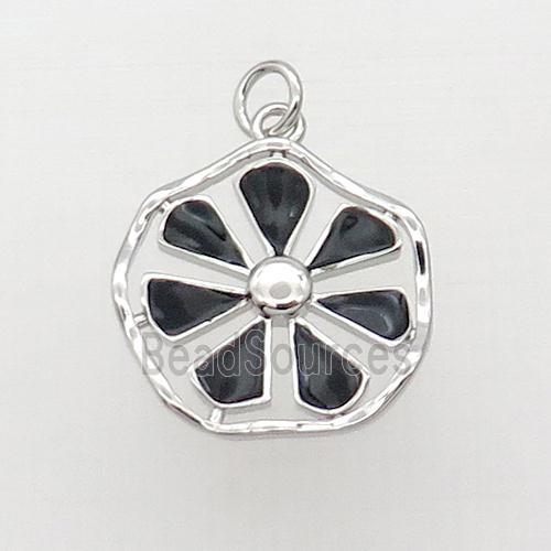 Copper Flower Pendant Black Enamel Platinum Plated