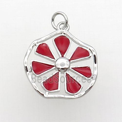 Copper Flower Pendant Red Enamel Platinum Plated