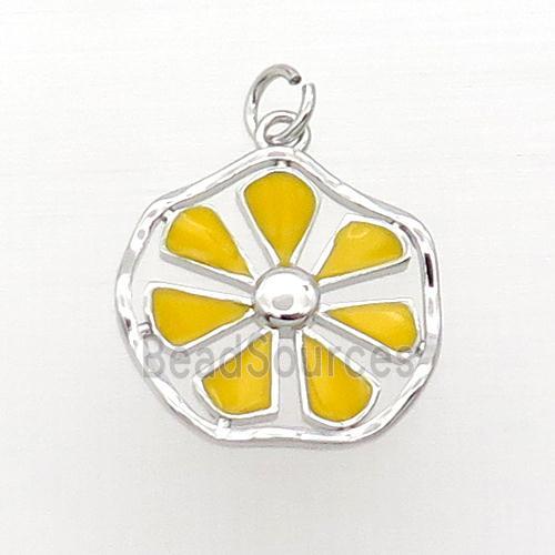 Copper Flower Pendant Yellow Enamel Platinum Plated