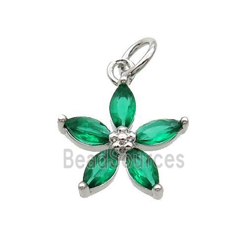 Copper Flower Pendant Pave Green Crystal Platinum Plated