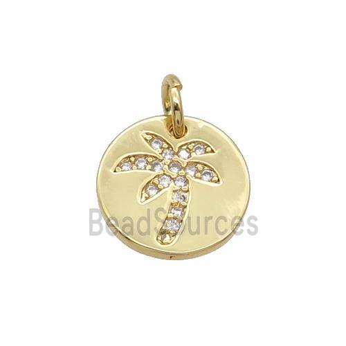 Copper Circle Pendant Pave Zircon Coconut Tree Unfade 18K Gold Plated