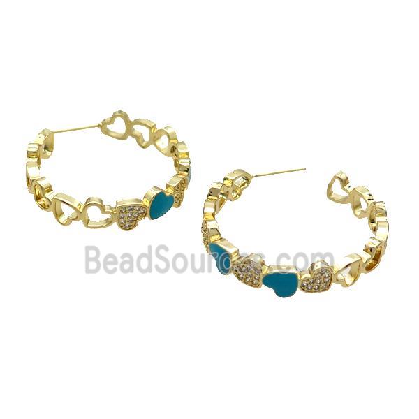 Copper Stud Earring Pave Zircon Teal Enamel Heart Gold Plated