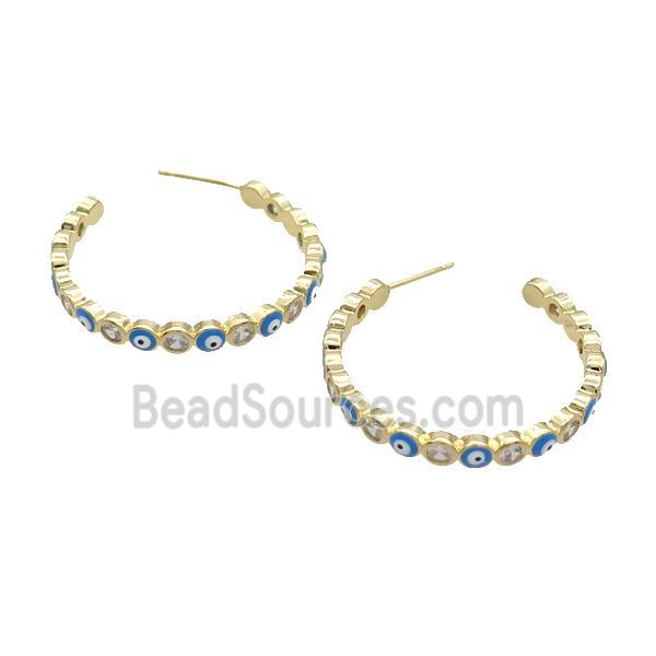 Copper Stud Earring Pave Zircon Blue Enamel Evil Eye Gold Plated