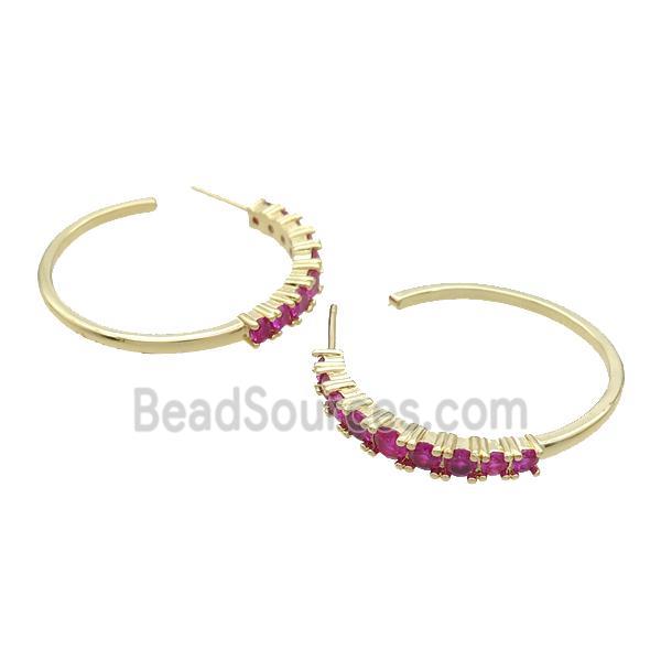 Copper Stud Earring Pave Hotpink Zircon Gold Plated