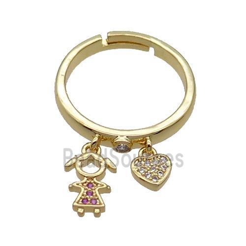 Copper Ring With Girl Heart Pave Zircon Adjustable Gold Plated