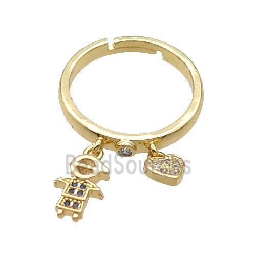 Copper Ring With Boy Heart Pave Zircon Adjustable Gold Plated