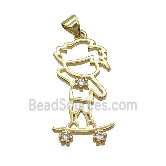 Copper Boy Kid Pendant Pave Zircon Skating Gold Plated