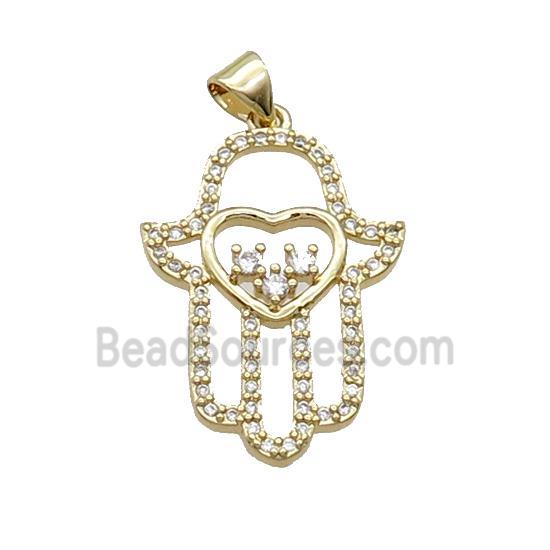 Copper Hamsahand Pendant Pave Zircon Heart Gold Plated