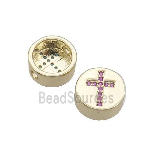 Copper Button Beads Pave Pink Zircon Cross Gold Plated