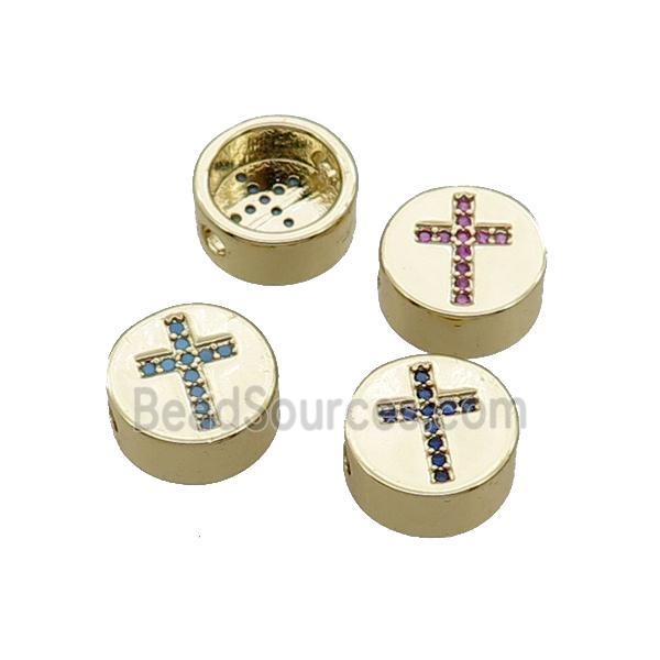 Copper Button Beads Pave Zircon Cross Gold Plated Mixed