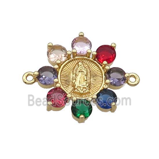 Copper Flower Connector Pave Multicolor Crystal Jesus Gold Plated