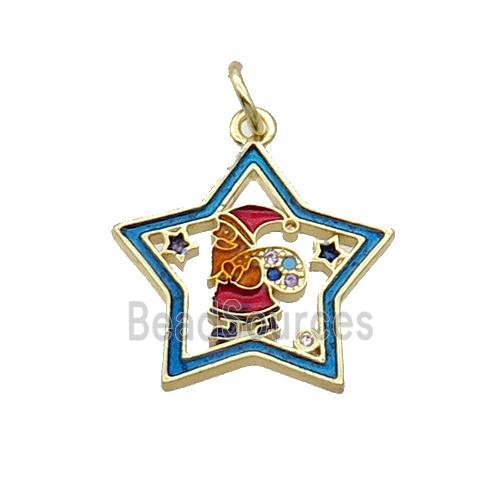 Copper Santa Claus Pendant Pave Zircon Green Enamel Star Gold Plated