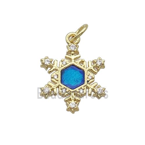 Copper Snowflake Pendant Pave Zircon Blue Enamel Gold Plated