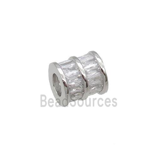 Copper Tube Beads Pave Zircon Large Hole Platinum Plated