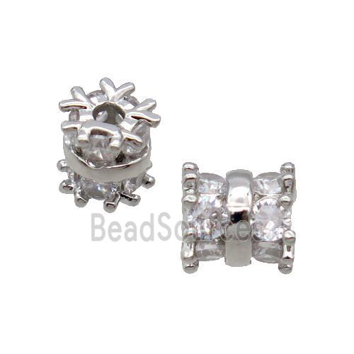 Copper Tube Beads Pave Zircon Large Hole Platinum Plated