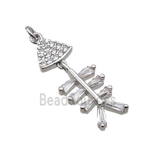 Copper Fishbone Pendant Pave Zircon Platinum Plated