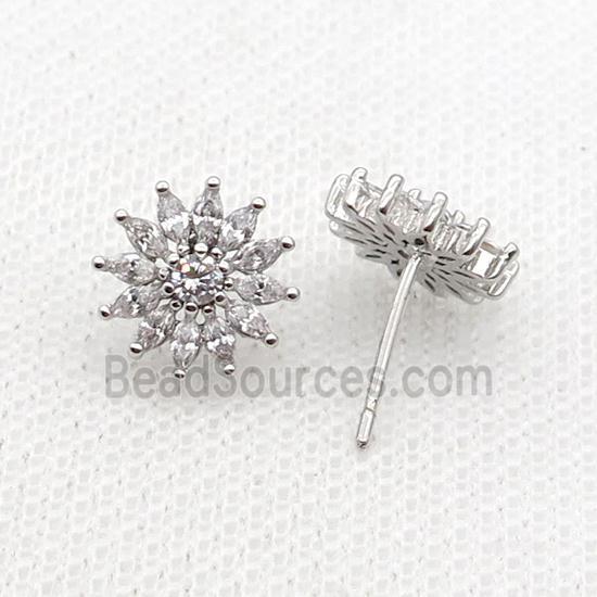 Copper Stud Earring Pave Zircon Sunflower Platinum Plated