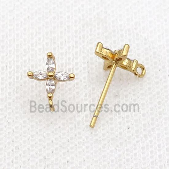 Copper Stud Earring Pave Zircon Cross Gold Plated