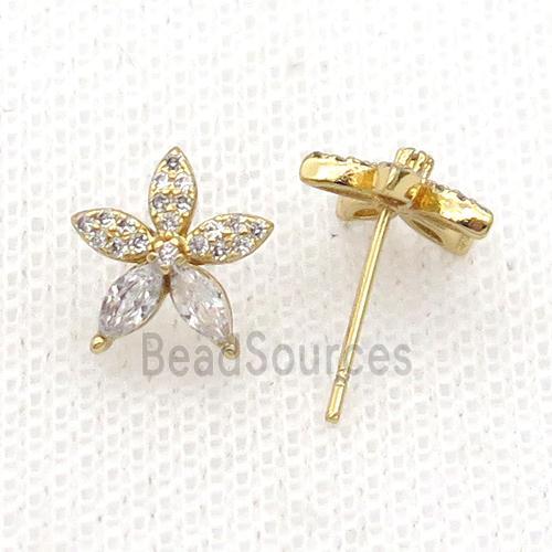 Copper Stud Earring Pave Zircon Flower Gold Plated