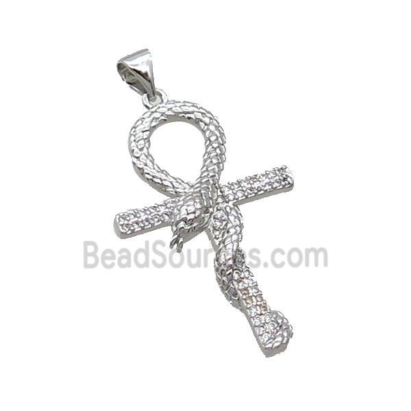 Copper Cross Pendant Pave Zircon Snake Platinum Plated