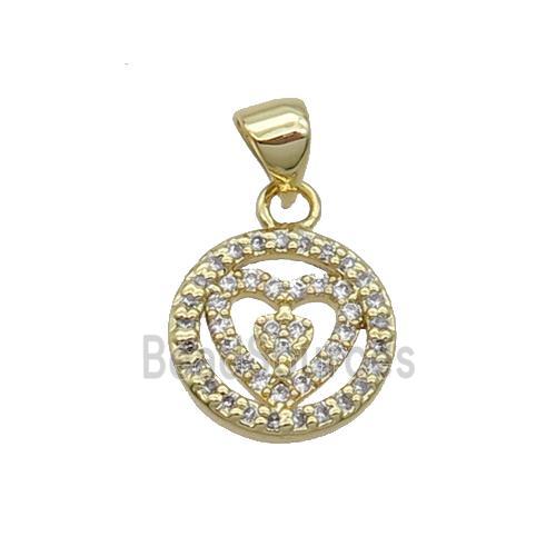 Copper Circle Pendant Pave Zircon Heart Gold Plated