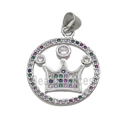 Copper Crown Pendant Pave Zircon Multicolor Circle Platinum Plated