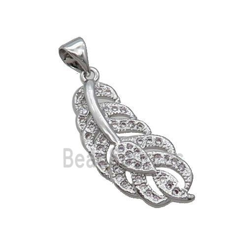 Copper Feather Pendant Pave Zircon Platinum Plated