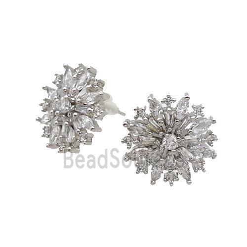 Copper Flower Stud Earring Pave Zircon Platinum Plated