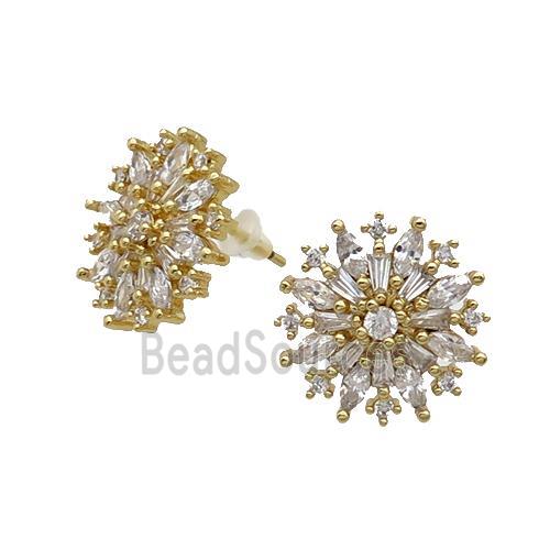 Copper Flower Stud Earring Pave Zircon Gold Plated