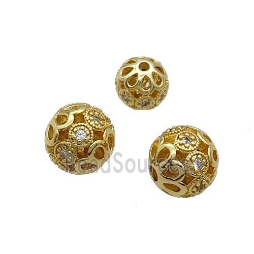 Copper Round Beads Pave Zircon Hollow Gold Plated