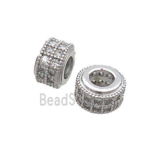 Copper Rondelle Beads Pave Zircon Large Hole Platinum Plated