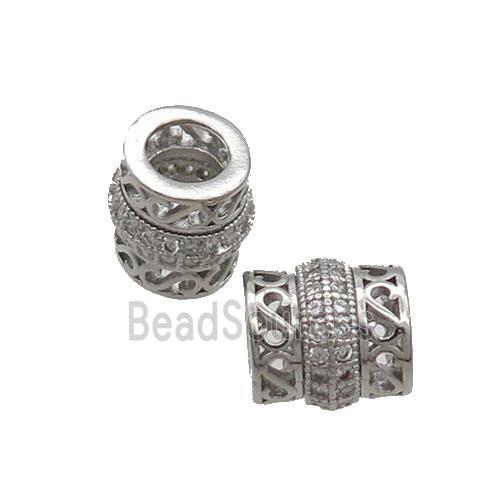 Copper Tube Beads Pave Zircon Large Hole Platinum Plated