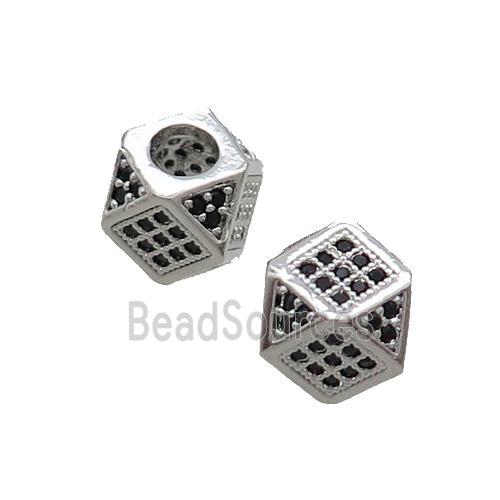 Copper Cube Beads Pave Black Zircon Large Hole Platinum Plated