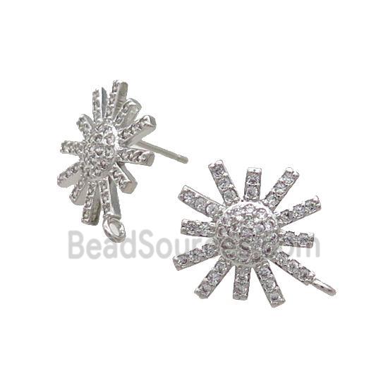 Copper Stud Earring Pave Zircon Flower Platinum Plated