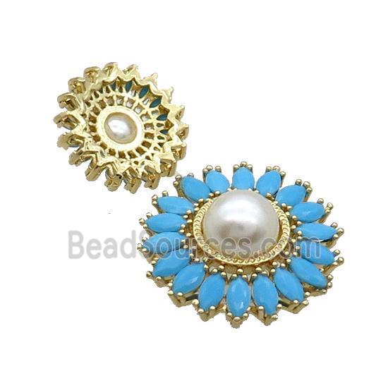 Copper Beads Pave Zircon Blue Flower Glass Pearlized Gold Plated