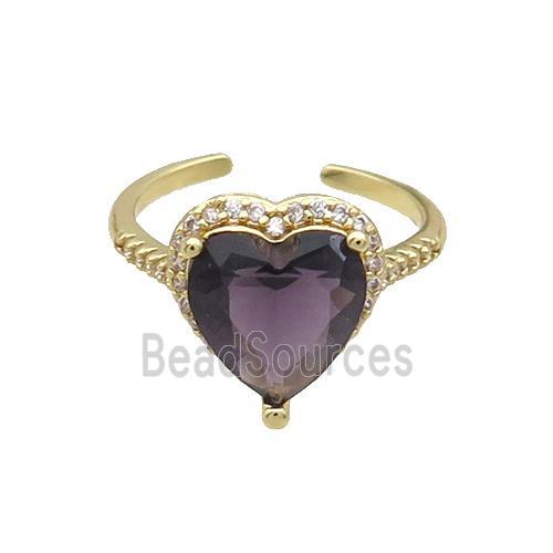 Copper Ring Pave Zircon Purple Crystal Heart Gold Plated