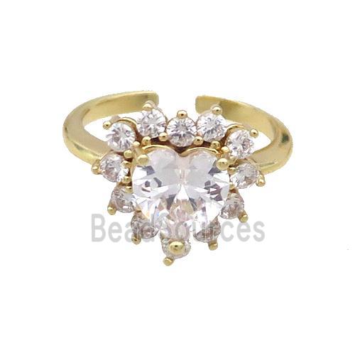 Copper Ring Pave Zircon Clear Crystal Heart Gold Plated