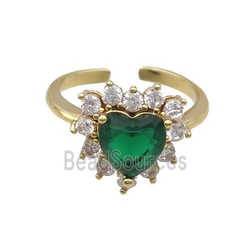 Copper Ring Pave Zircon Green Crystal Heart Gold Plated