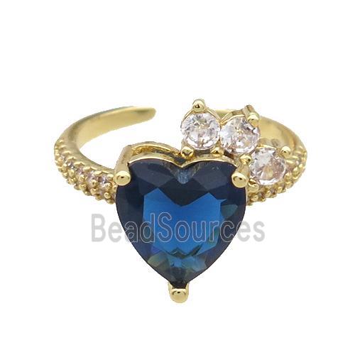 Copper Ring Pave Zircon Blue Crystal Heart Gold Plated