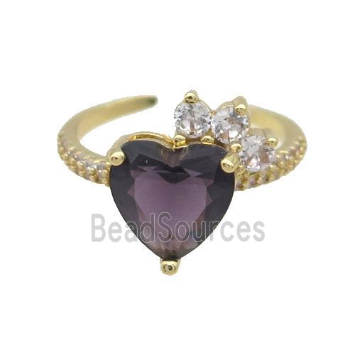 Copper Ring Pave Zircon Purple Crystal Heart Gold Plated