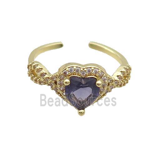 Copper Ring Pave Zircon Purple Crystal Heart Gold Plated