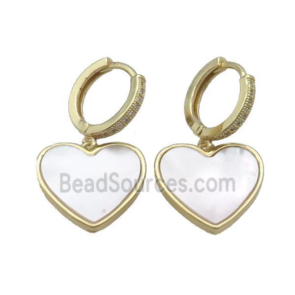 Copper Hoop Earring Pave Zircon White Shell Heart Gold Plated