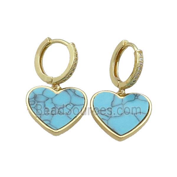 Copper Hoop Earring Pave Zircon Blue Turquise Heart Gold Plated