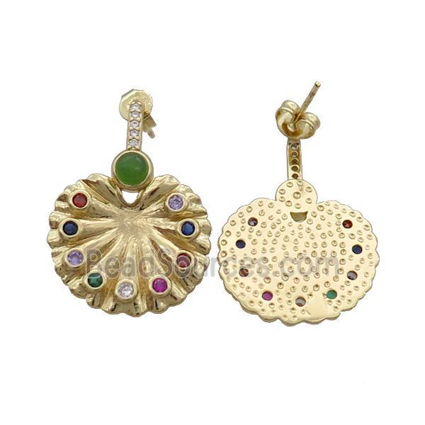 Copper Stud Earring Pave Zircon Peacock Screen Circle Gold Plated