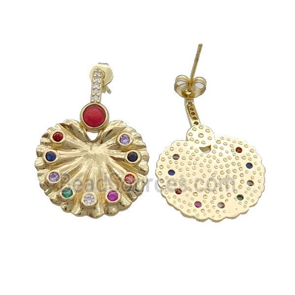 Copper Stud Earring Pave Zircon Peacock Screen Circle Gold Plated