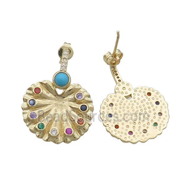 Copper Stud Earring Pave Zircon Peacock Screen Circle Gold Plated