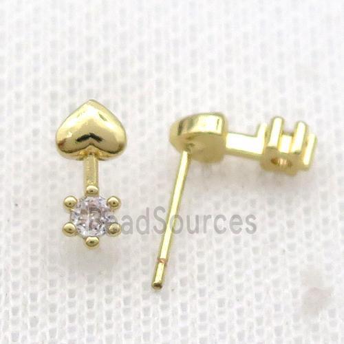 Copper Stud Earring Pave Zircon Cupid Heart Gold Plated