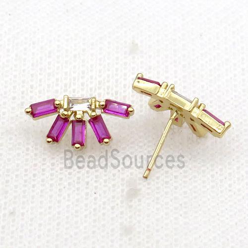 Copper Stud Earring Pave Hotpink Zircon Gold Plated