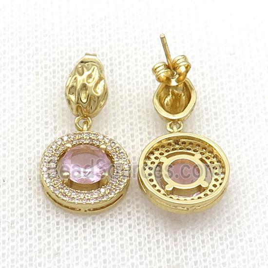 Copper Stud Earring Pave Zircon Pink Crystal Gold Plated