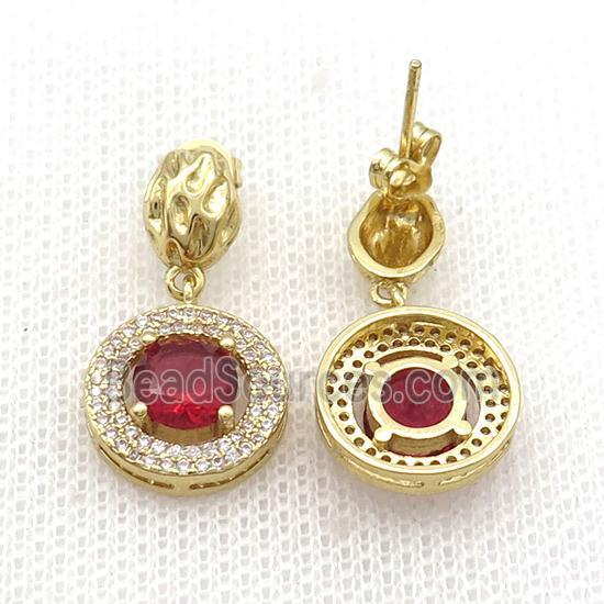 Copper Stud Earring Pave Zircon Red Crystal Gold Plated